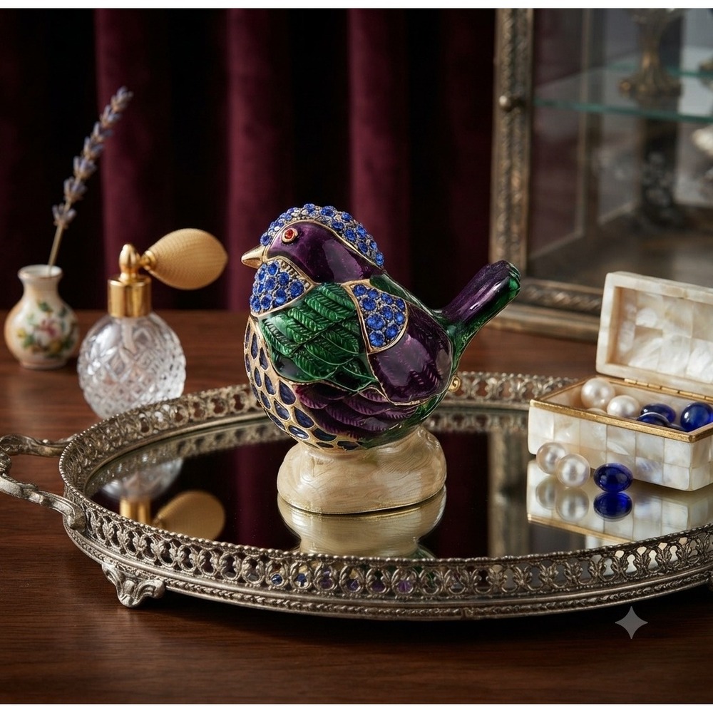 Enamel Bird Trinket Box Jeweled Rhinestone Hinged Collectible Purple Green Gold
